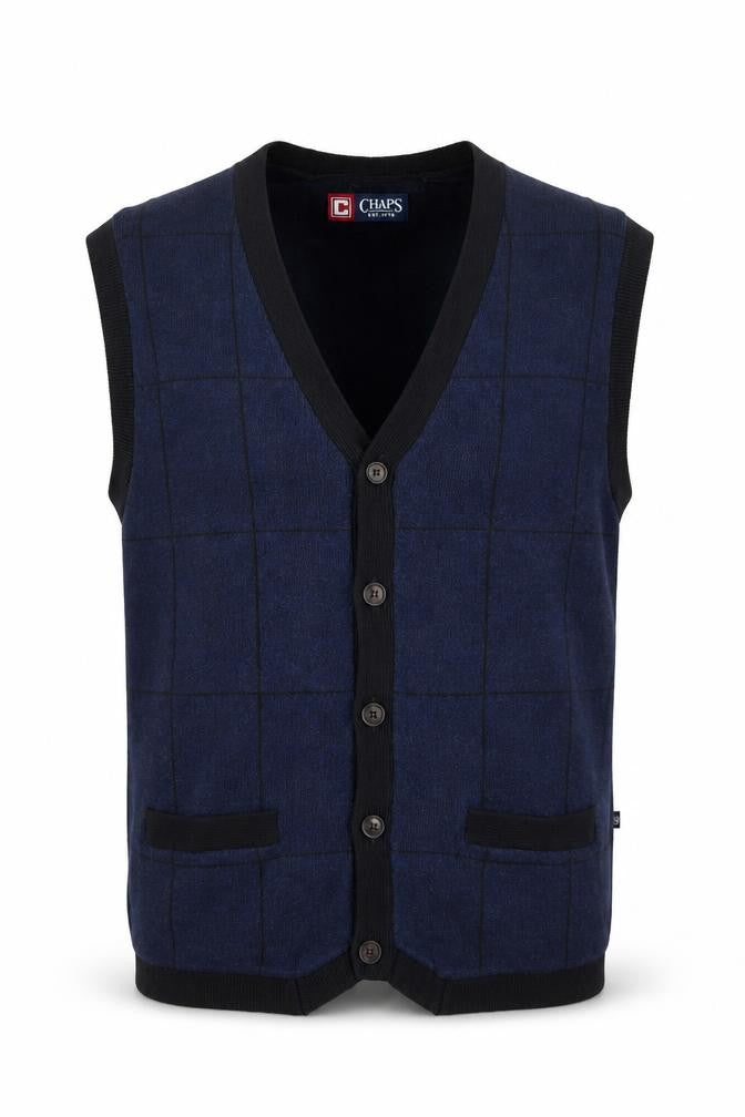 Chaps Men's Blue Check Cotton Button Vest Size L