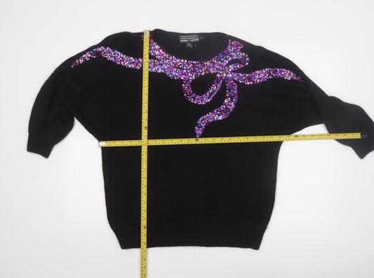 Work In Progress Womens Black Sequin Bow 80s Silk Blend Jumper M