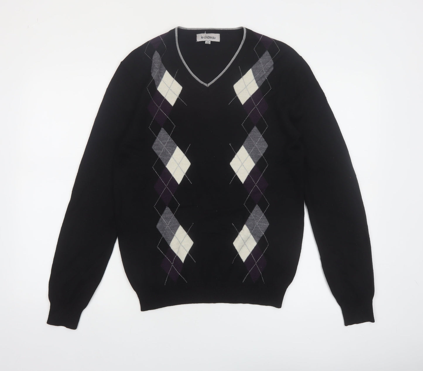 Le Chateau Men's Black Argyle Wool Blend V-Neck Jumper Size S