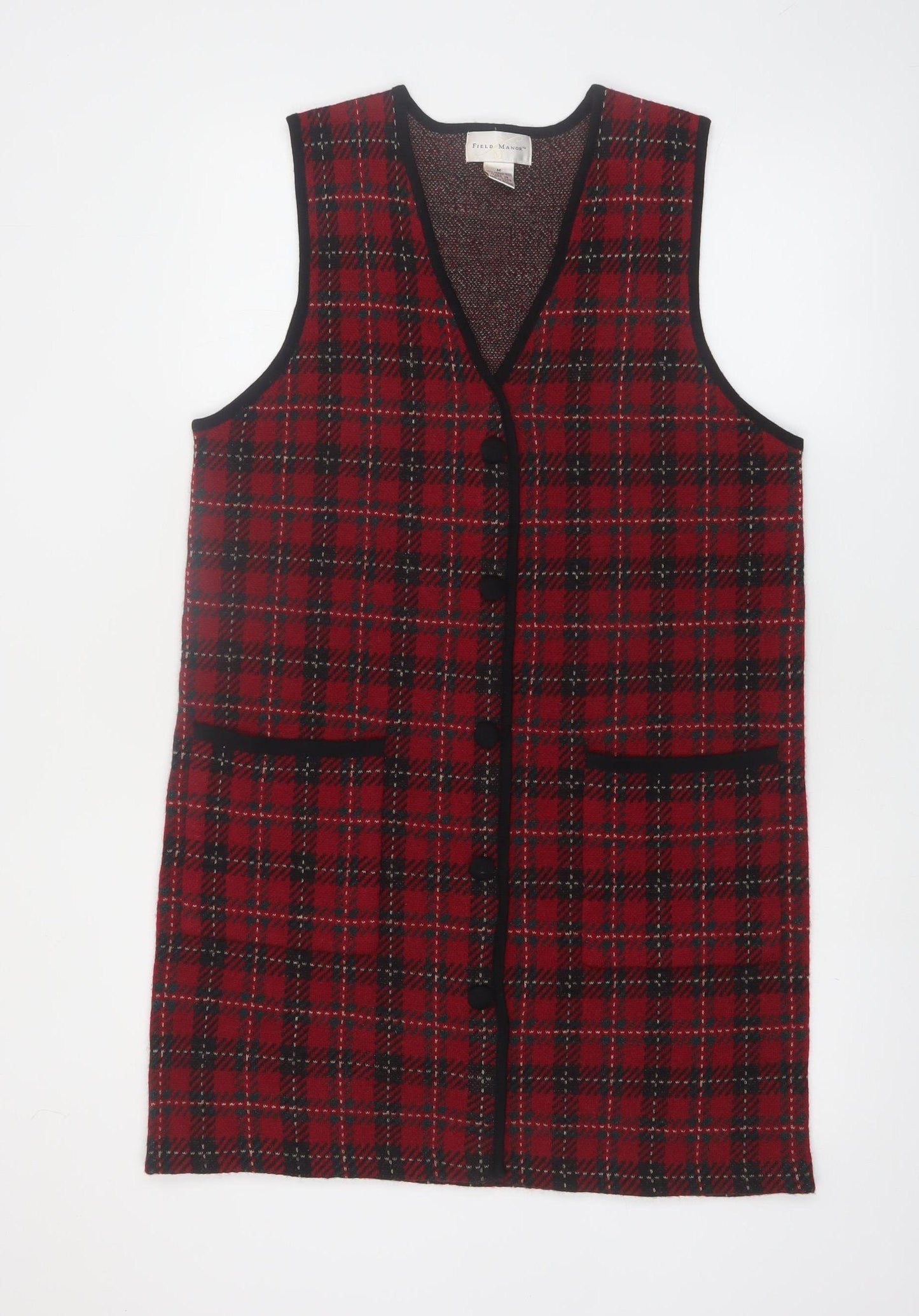 Field Manor Women's Red Checked Merino Wool Sleeveless Vest M