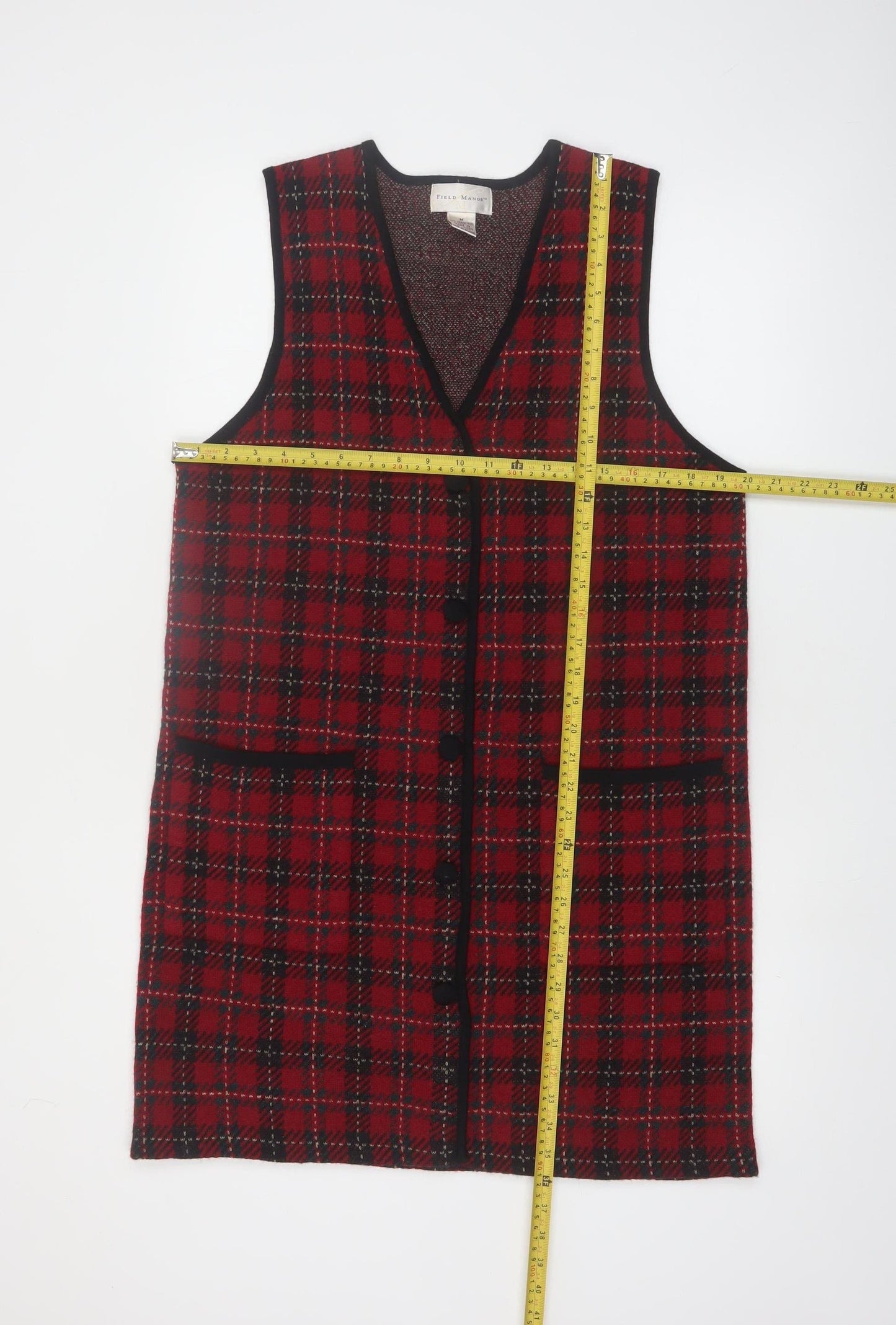 Field Manor Women's Red Checked Merino Wool Sleeveless Vest M