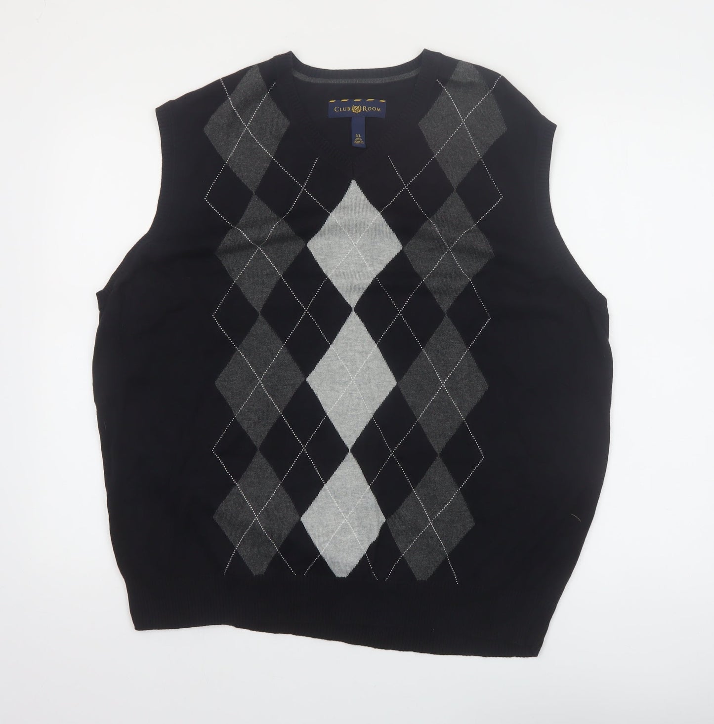 Club Room Men Black Argyle Cotton V-Neck Sleeveless Jumper XL