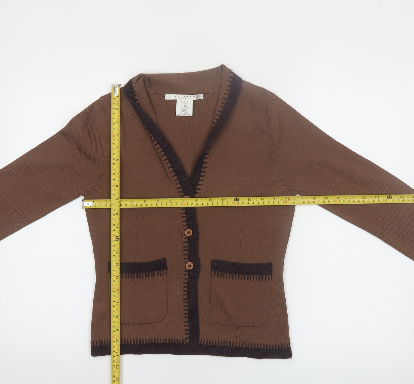 Studio M Women Petite Brown Button Cardigan V-Neck Long Sleeve