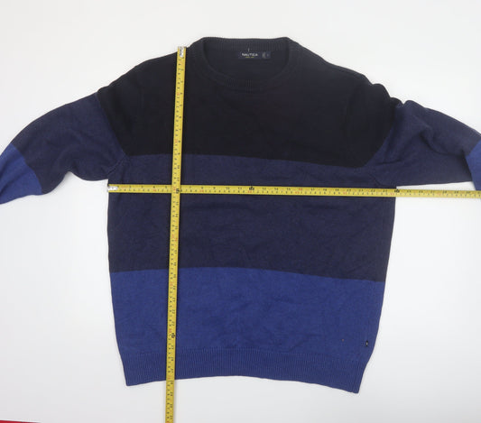 Nautica Men's Blue Colour Block Cotton Crew Neck Jumper Size L
