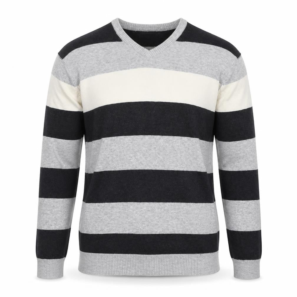 Revert Men’s Grey Striped Cotton V-Neck Pullover Jumper M