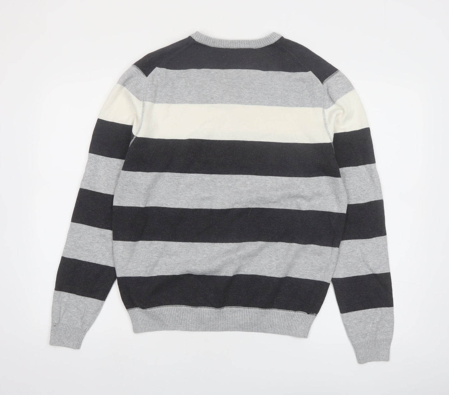 Revert Men’s Grey Striped Cotton V-Neck Pullover Jumper M