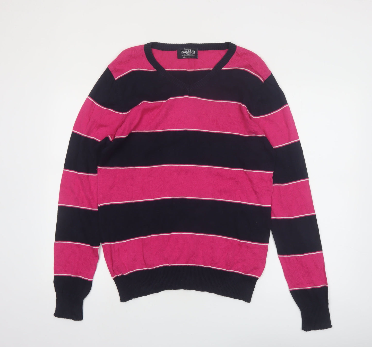 Pull & Bear Men’s Pink Striped V-Neck Cotton Jumper Size L