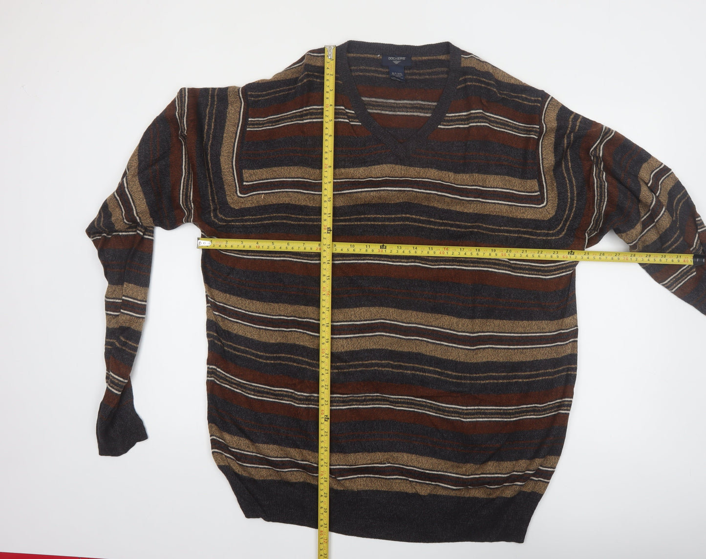 Dockers Mens Brown Striped V-Neck Pullover Jumper 2XL