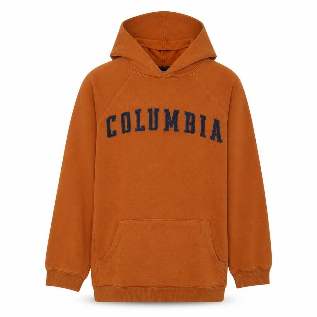 Front view of Columbia boys’ orange xl pullover fleece hoodie with logo and pockets