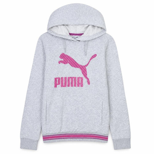 Puma Women's Grey Hoodie M Medium Pink Logo Pullover Casual