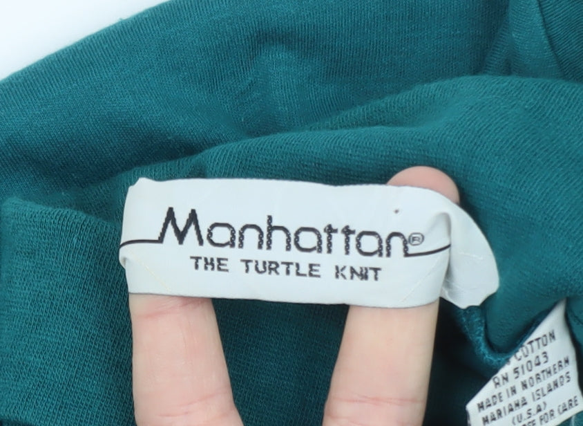 Manhattan Men's Green Roll Neck Long Sleeve Cotton T-Shirt L Vintage