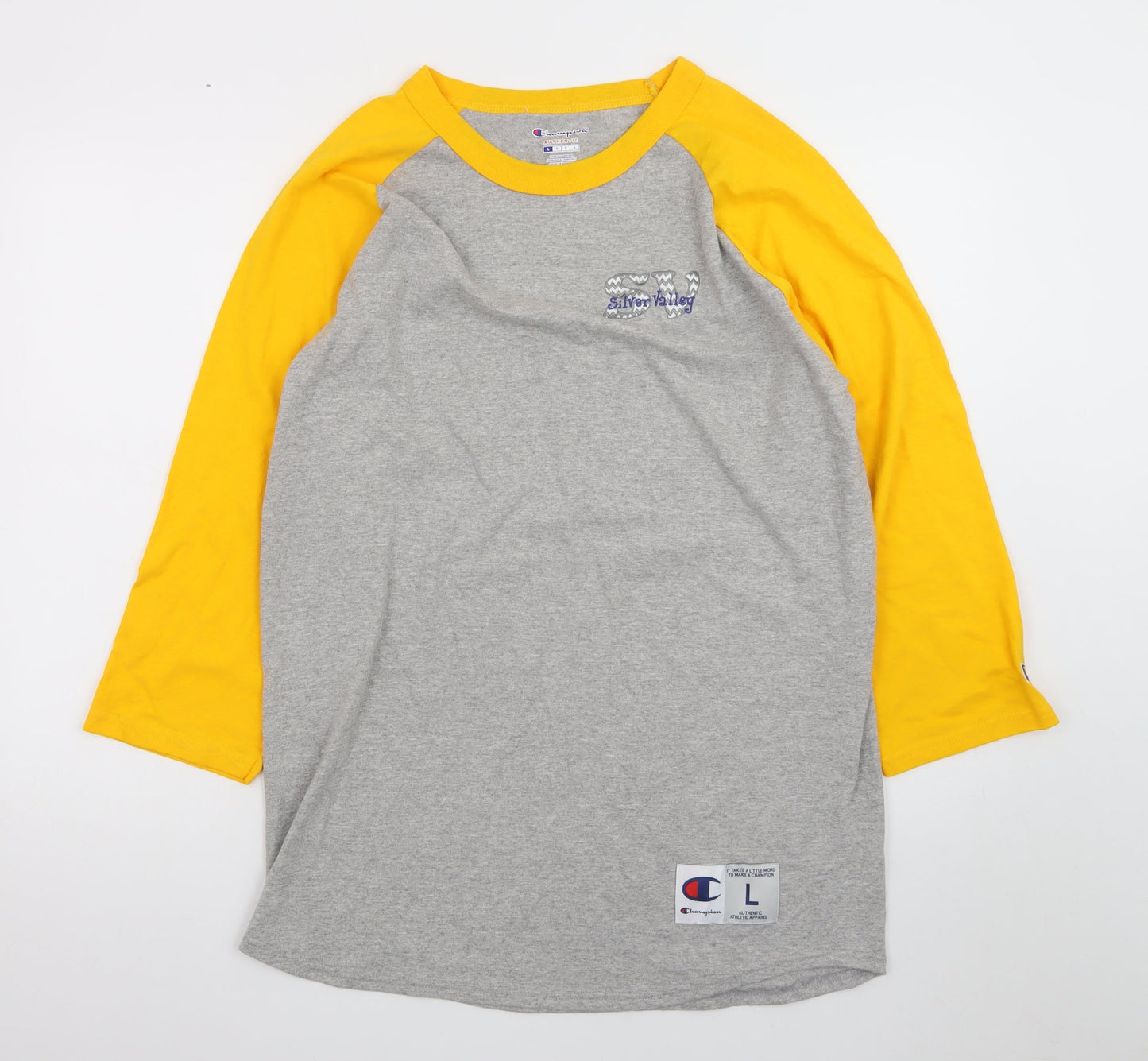 Champion Men's Grey Yellow 3/4 Sleeve Raglan T-Shirt Size L