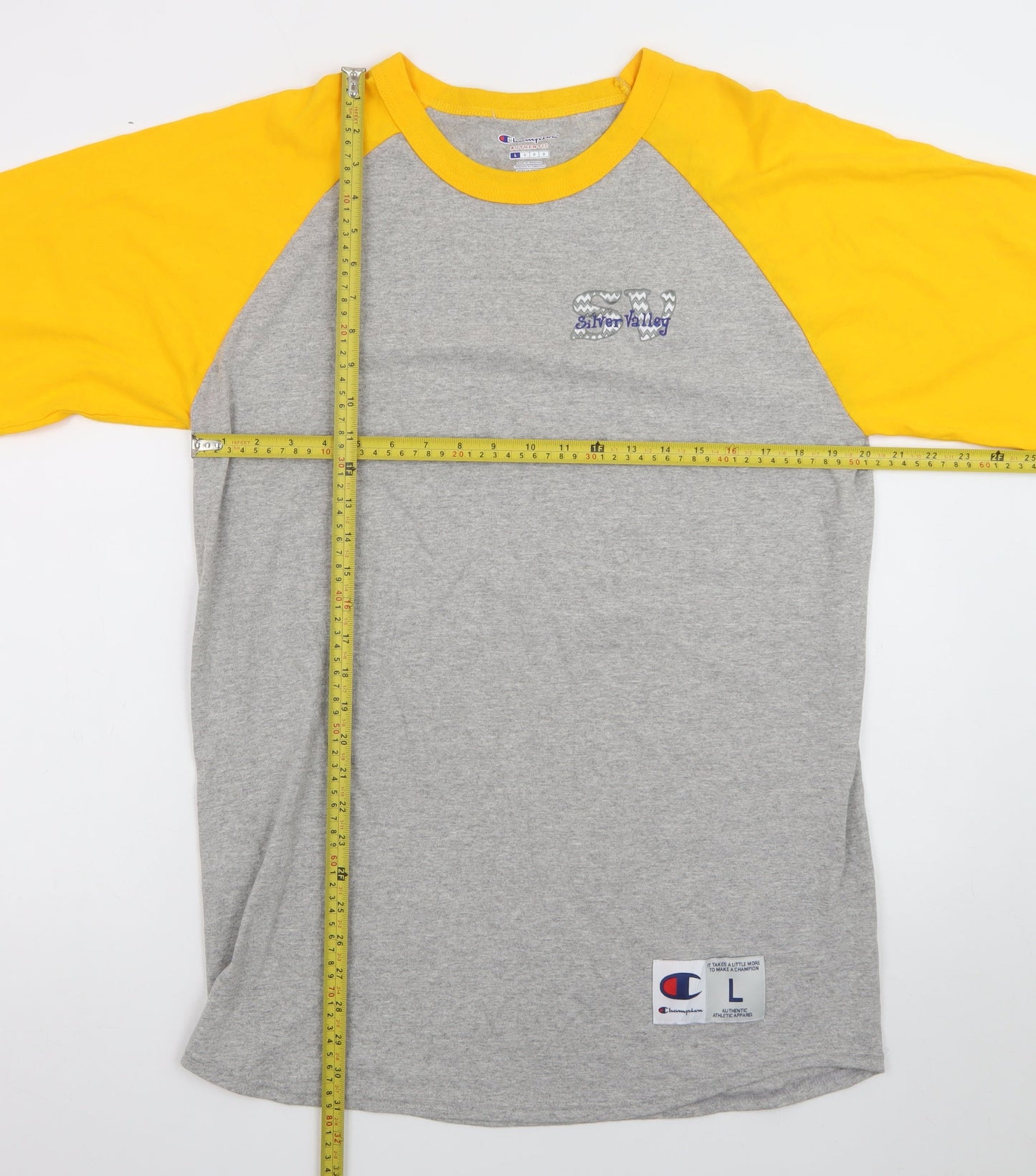 Champion Men's Grey Yellow 3/4 Sleeve Raglan T-Shirt Size L