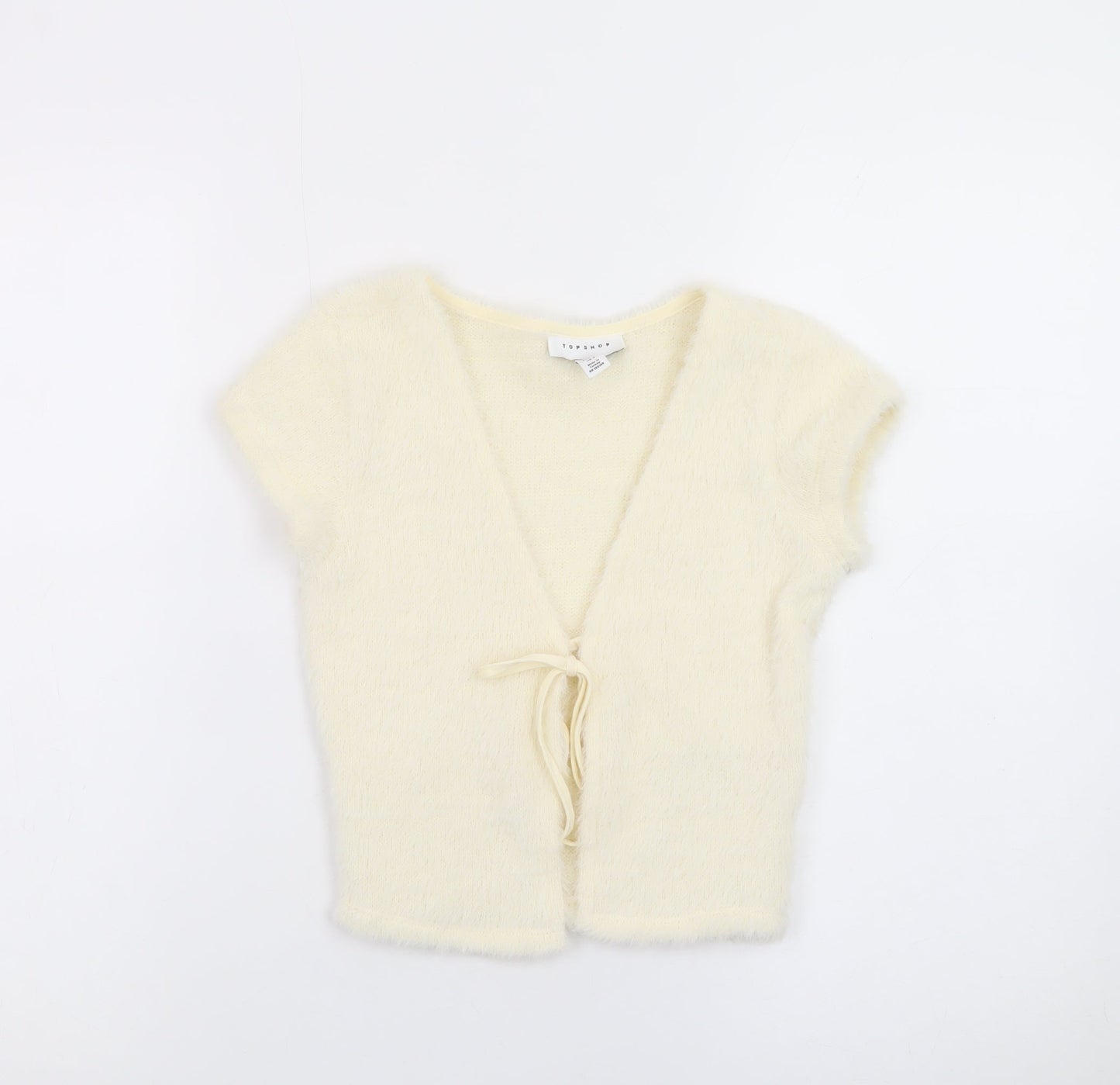 Topshop Women Ivory Petite Size 4 Fuzzy Tie Front V-Neck Cardigan