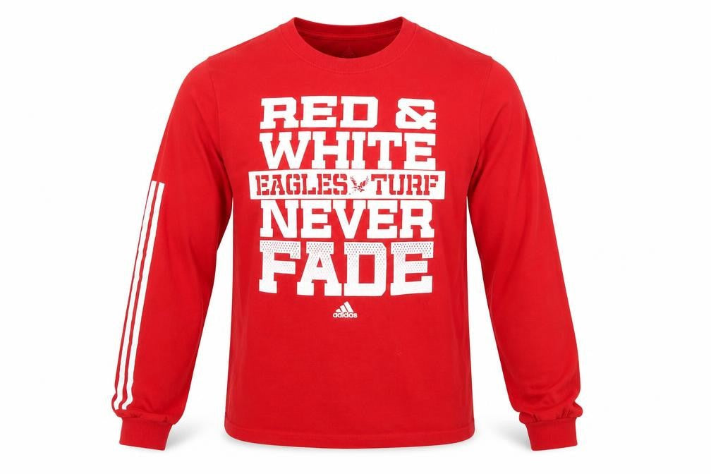 Front view of Adidas Men’s Red Long Sleeve Graphic Sports T-Shirt, size S