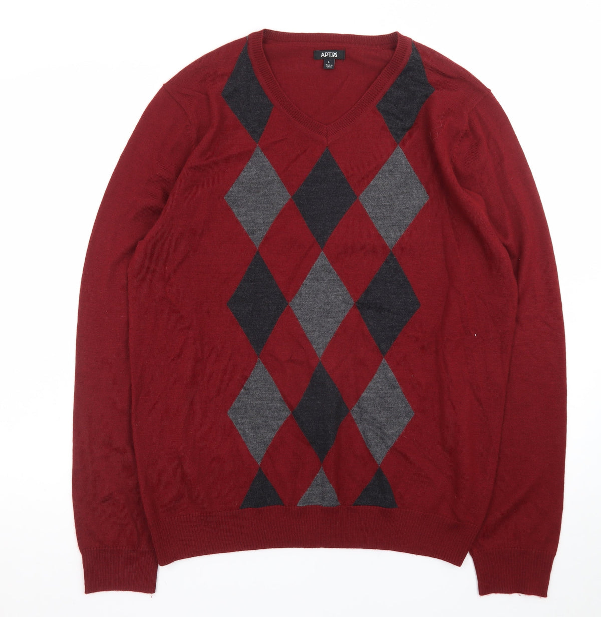 Back view of APT.9 Men's Red Argyle V-Neck Knit jumper, size L