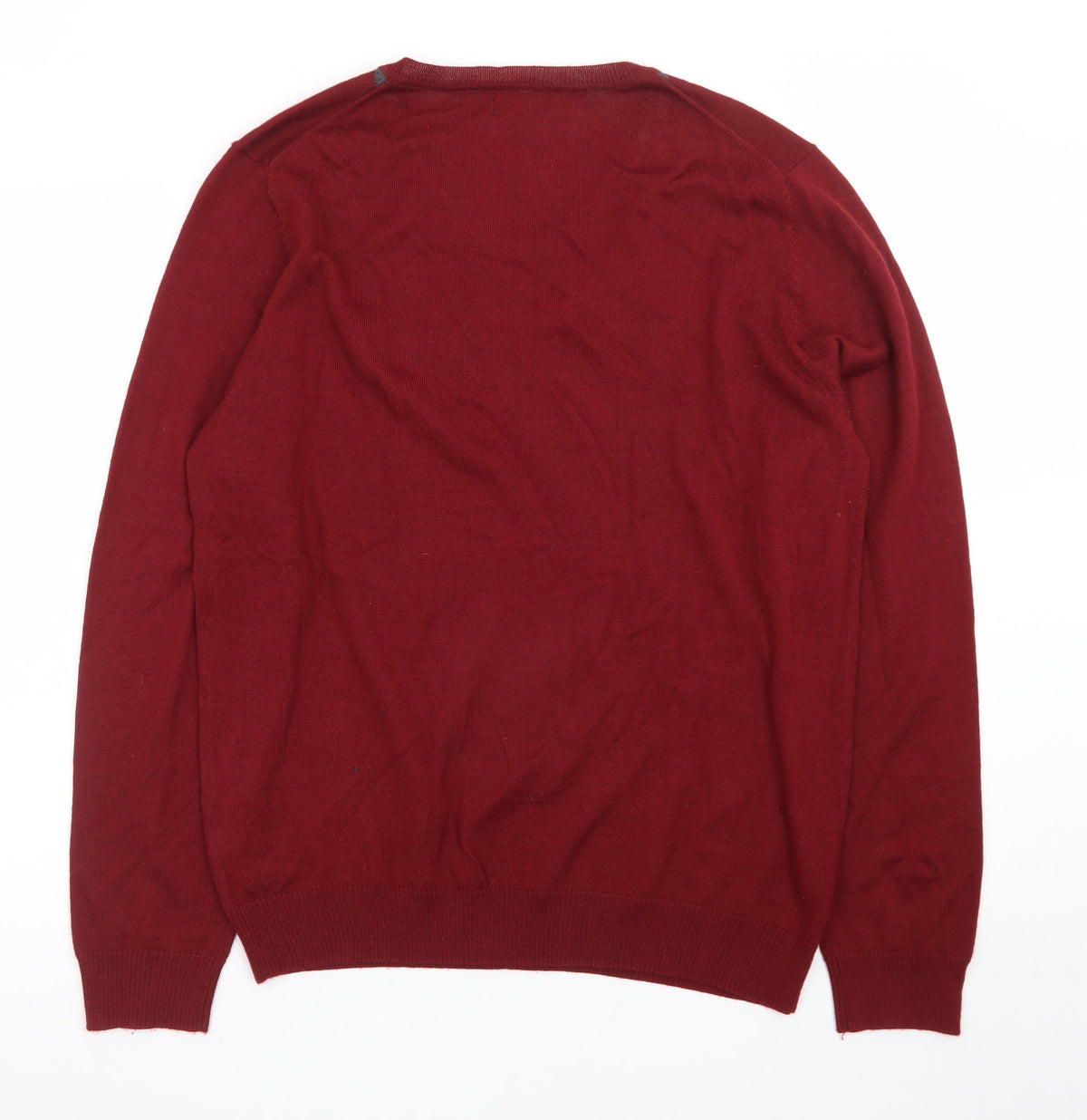 Brand and care label for APT.9 Men's Red Argyle V-Neck Knit jumper, size L