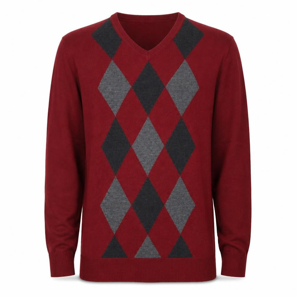 Front view of APT.9 Men's Red Argyle V-Neck Knit jumper, size L