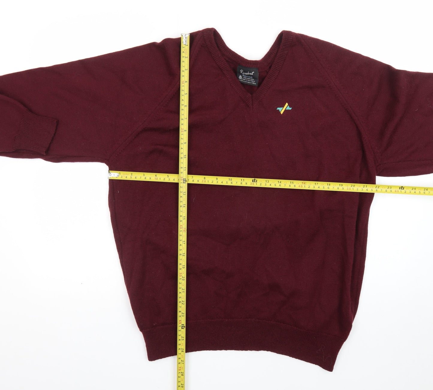 Resaknit Men Red Wool V-Neck Pullover Jumper XL