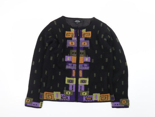 Icelandic Design Womens Black Wool Geometric Zip Cardigan S