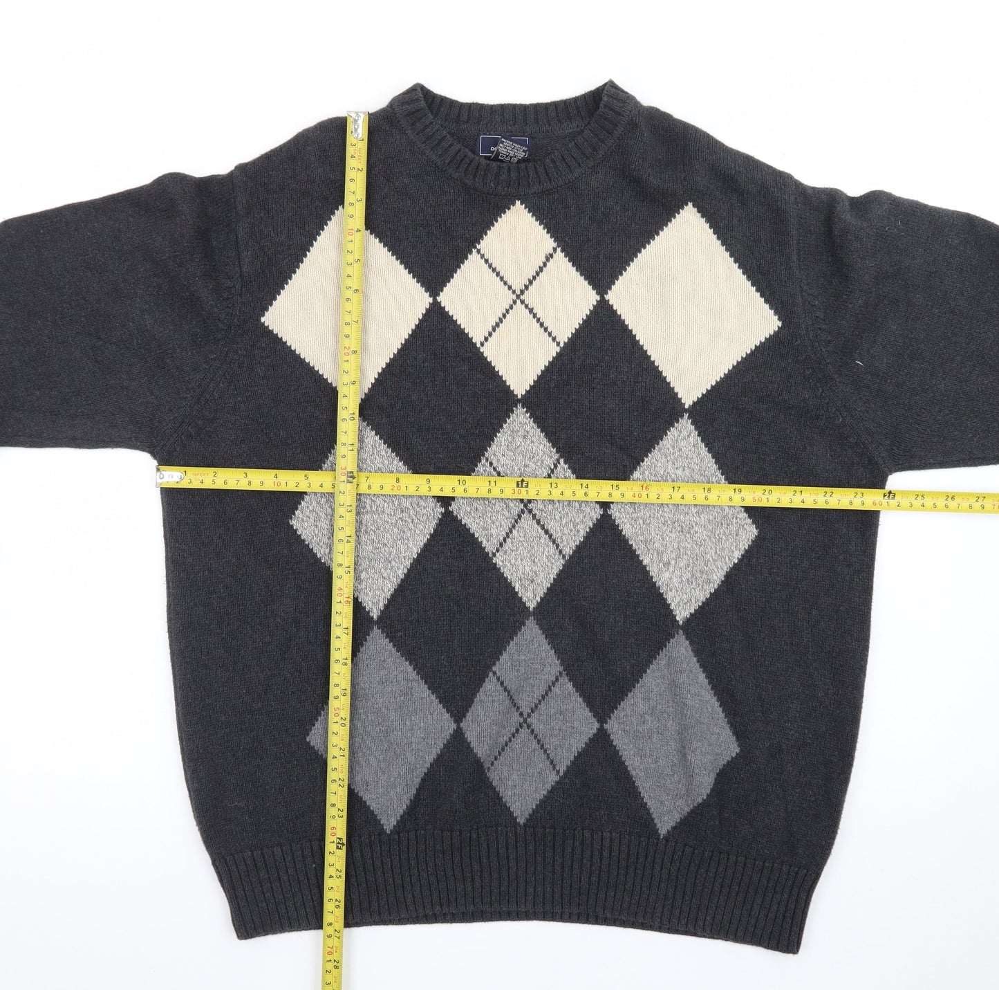 Dockers Men’s Grey Argyle Cotton Jumper XL Crew Neck Sweater