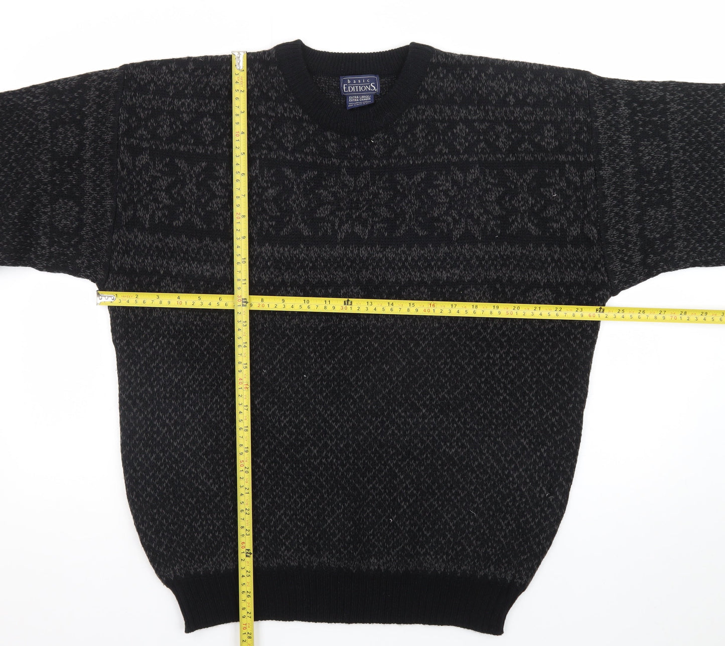 Basic Editions Men Black XL Fair Isle Acrylic Pullover Jumper