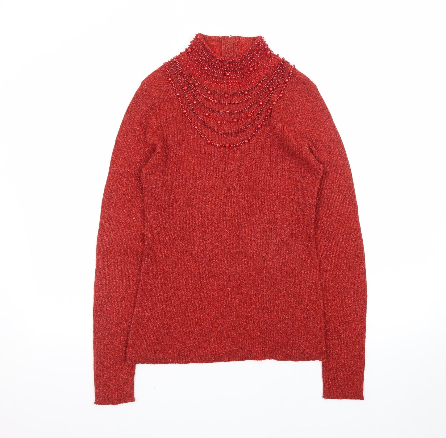 Dressbarn Women Red Beaded High Neck Long Sleeve Pullover Jumper L