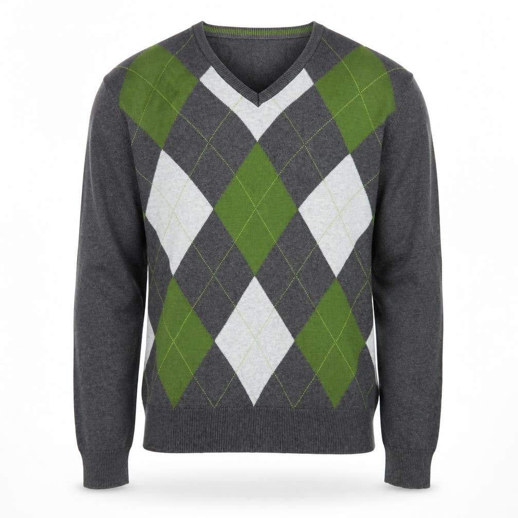 Front view of Le Château Men’s Grey Argyle V-Neck Knit jumper L