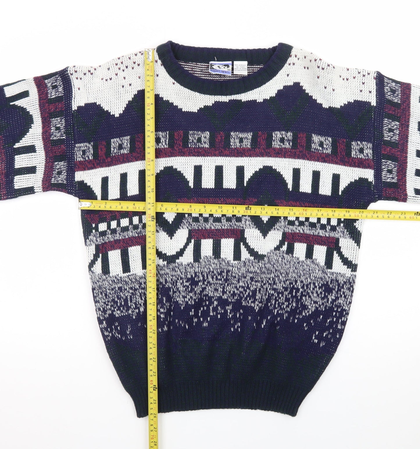 Todays News Mens Multicoloured M Geometric Chunky Knit 80s Jumper