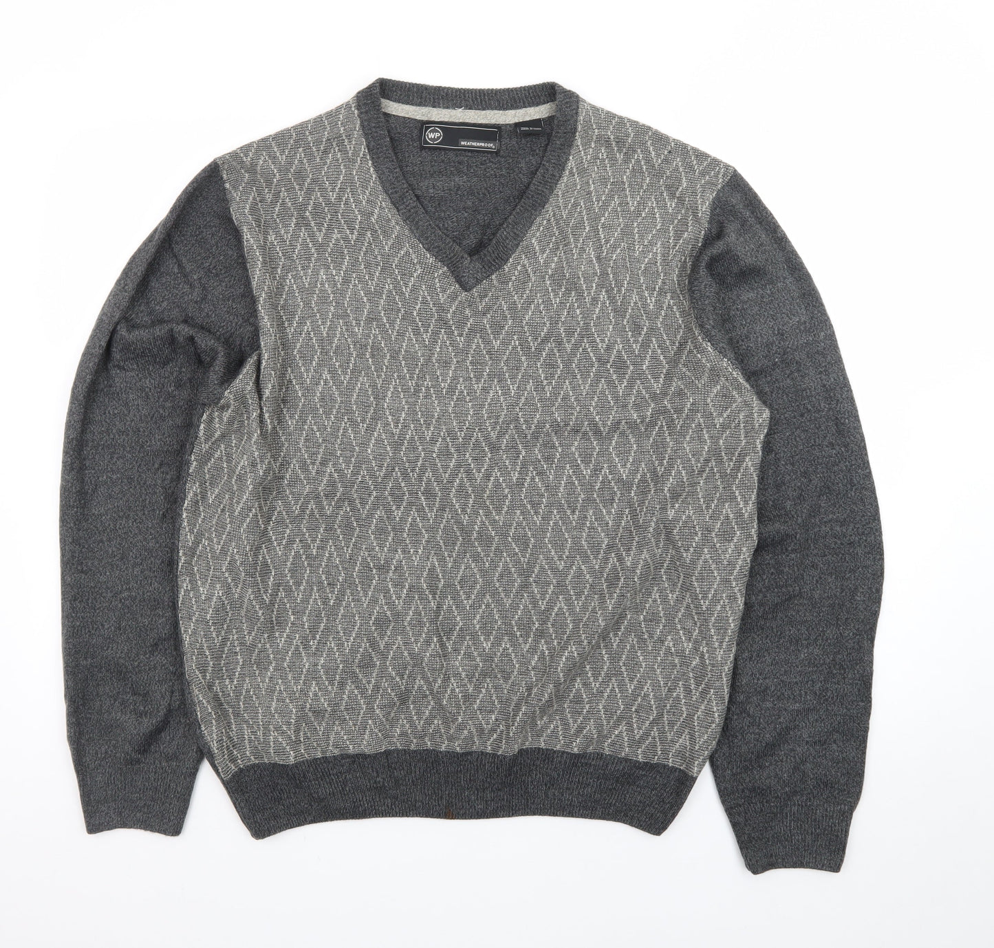 Weatherproof Men's Grey Argyle V-Neck Acrylic Jumper Size L