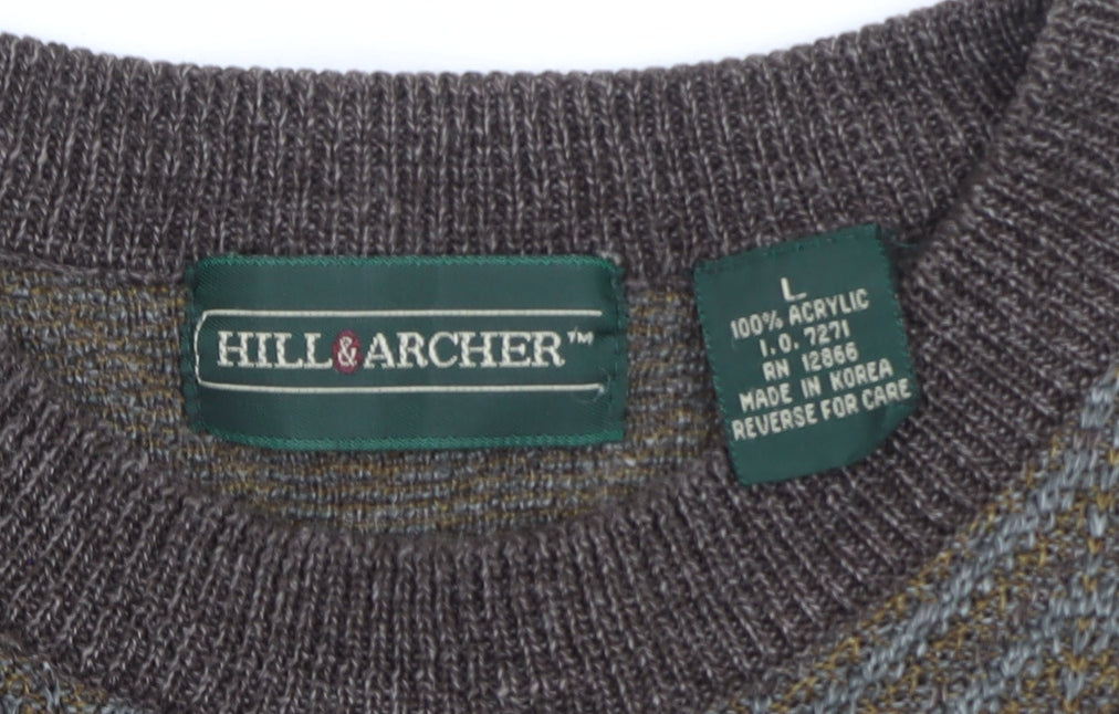 Hill & Archer Men's Brown Grey Diamond Pattern Acrylic Jumper Size L