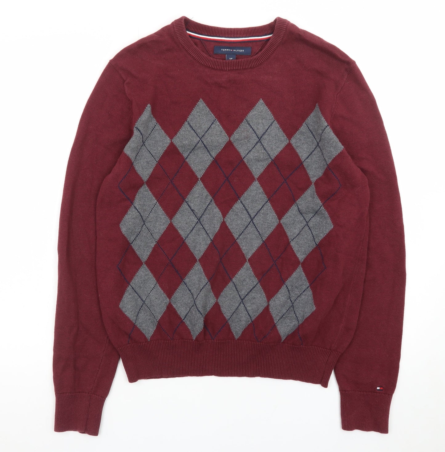 Tommy Hilfiger Men's Red Argyle Crew Neck Cotton Jumper Size S