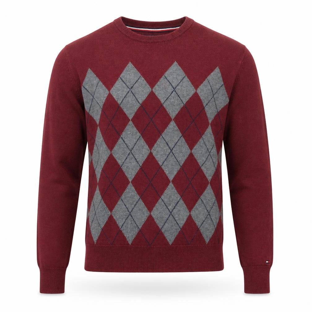 Tommy Hilfiger Men's Red Argyle Crew Neck Cotton Jumper Size S