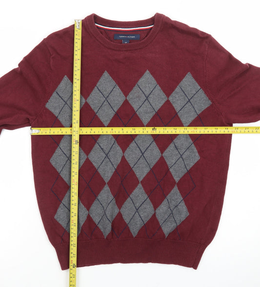 Tommy Hilfiger Men's Red Argyle Crew Neck Cotton Jumper Size S