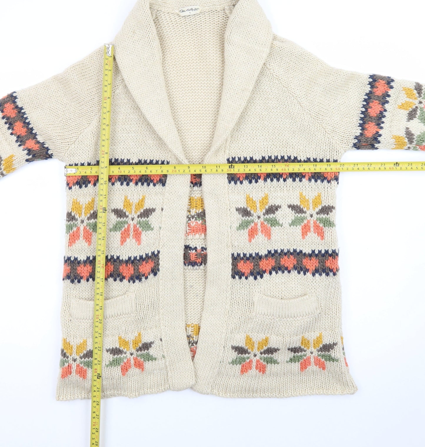 Miss Selfridge Women Beige Fair Isle Chunky Knit Cardigan S