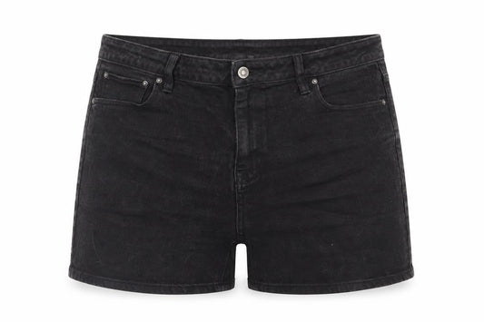 Front view of ASOS Women’s Black Denim Shorts, size UK 36, Mid Rise Cotton Blend