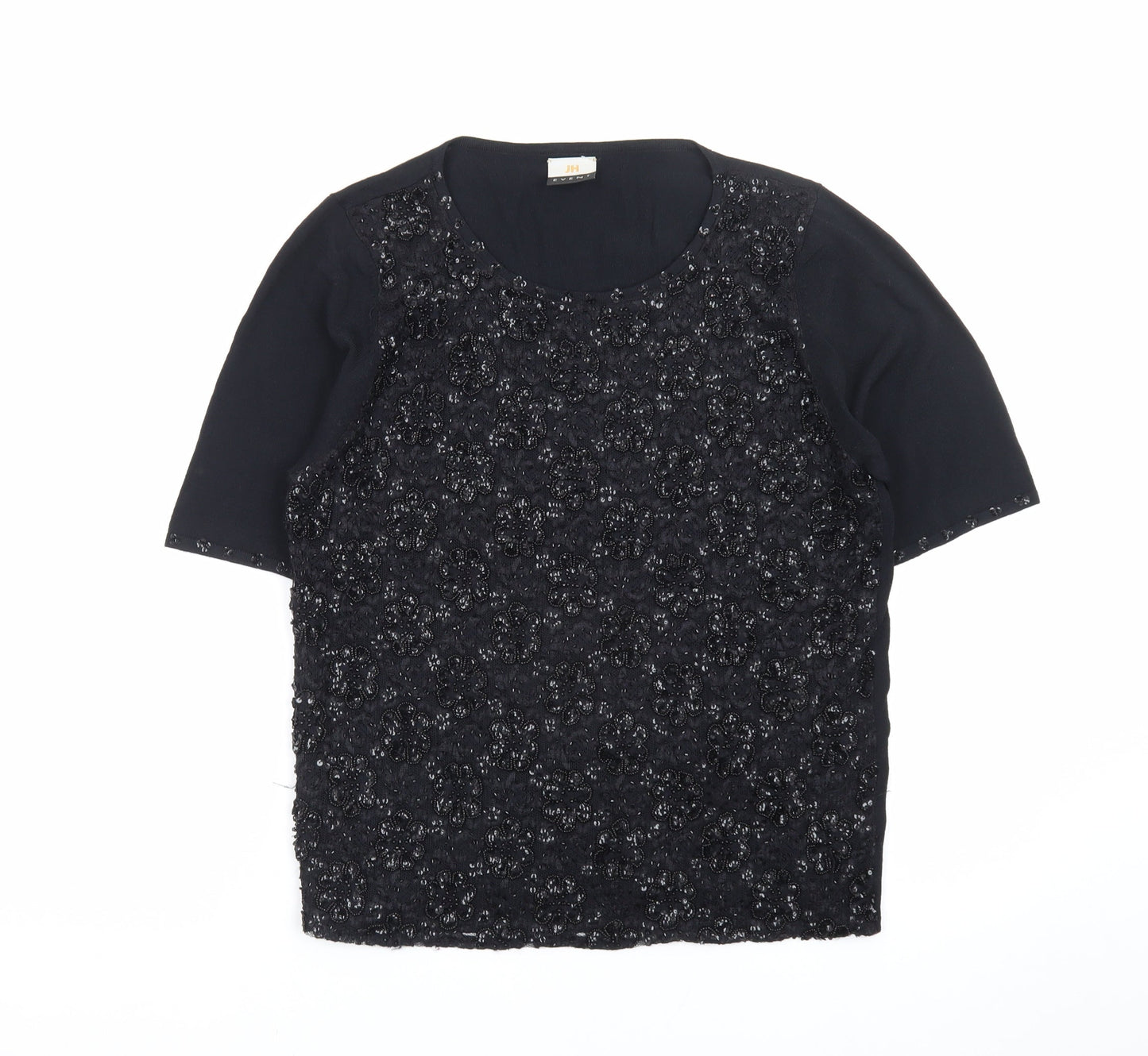 JH Event Women Black Beaded Short Sleeve Pullover Jumper Size 16