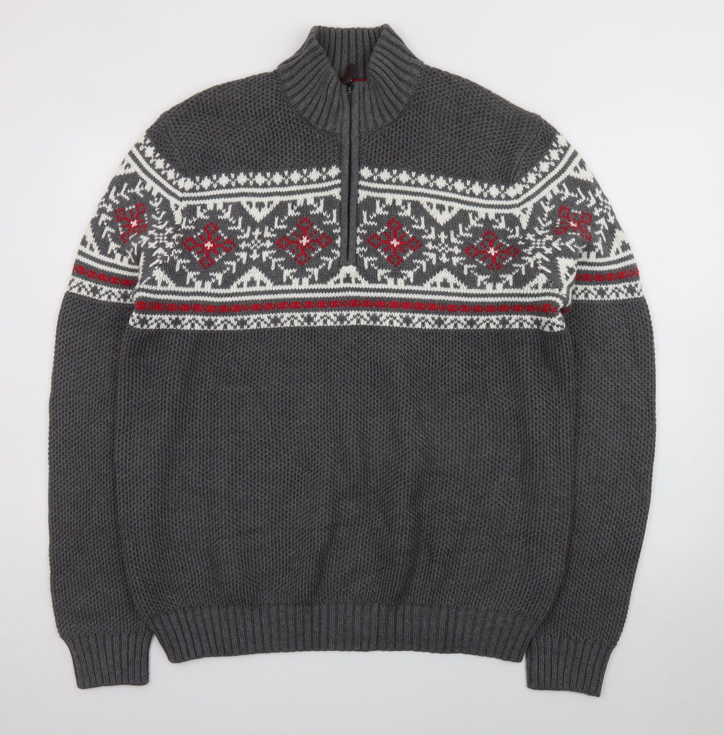IZOD Men's Grey Fair Isle 1/4 Zip Cotton Jumper Size L
