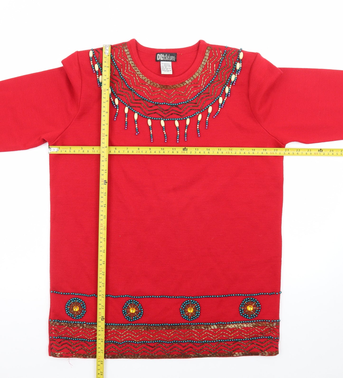 DL McKelvey Womens Red Beaded Wool Acrylic Boho Pullover Jumper M