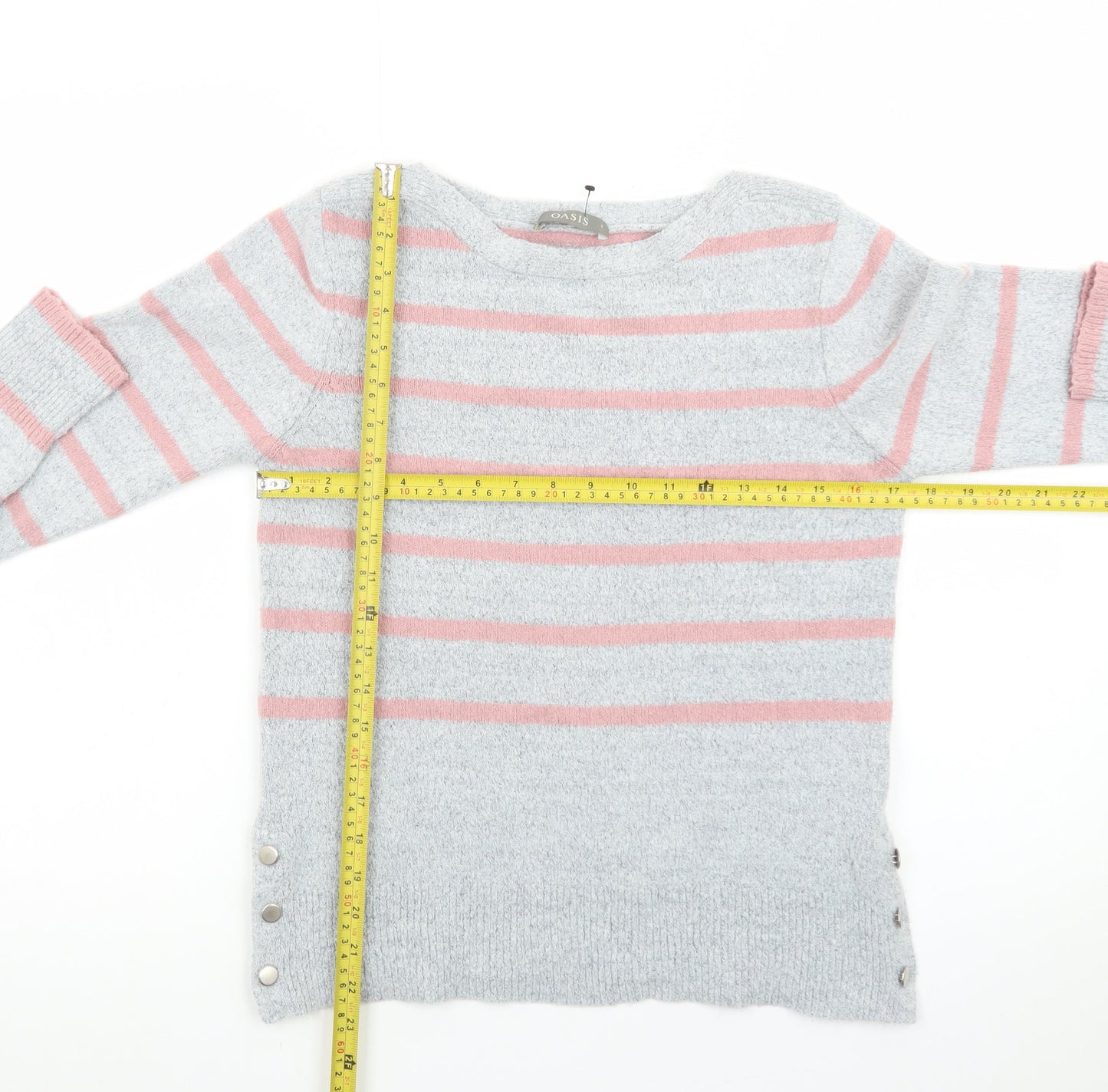 Oasis Women’s Grey Pink Striped Crew Neck Knit Jumper Size S