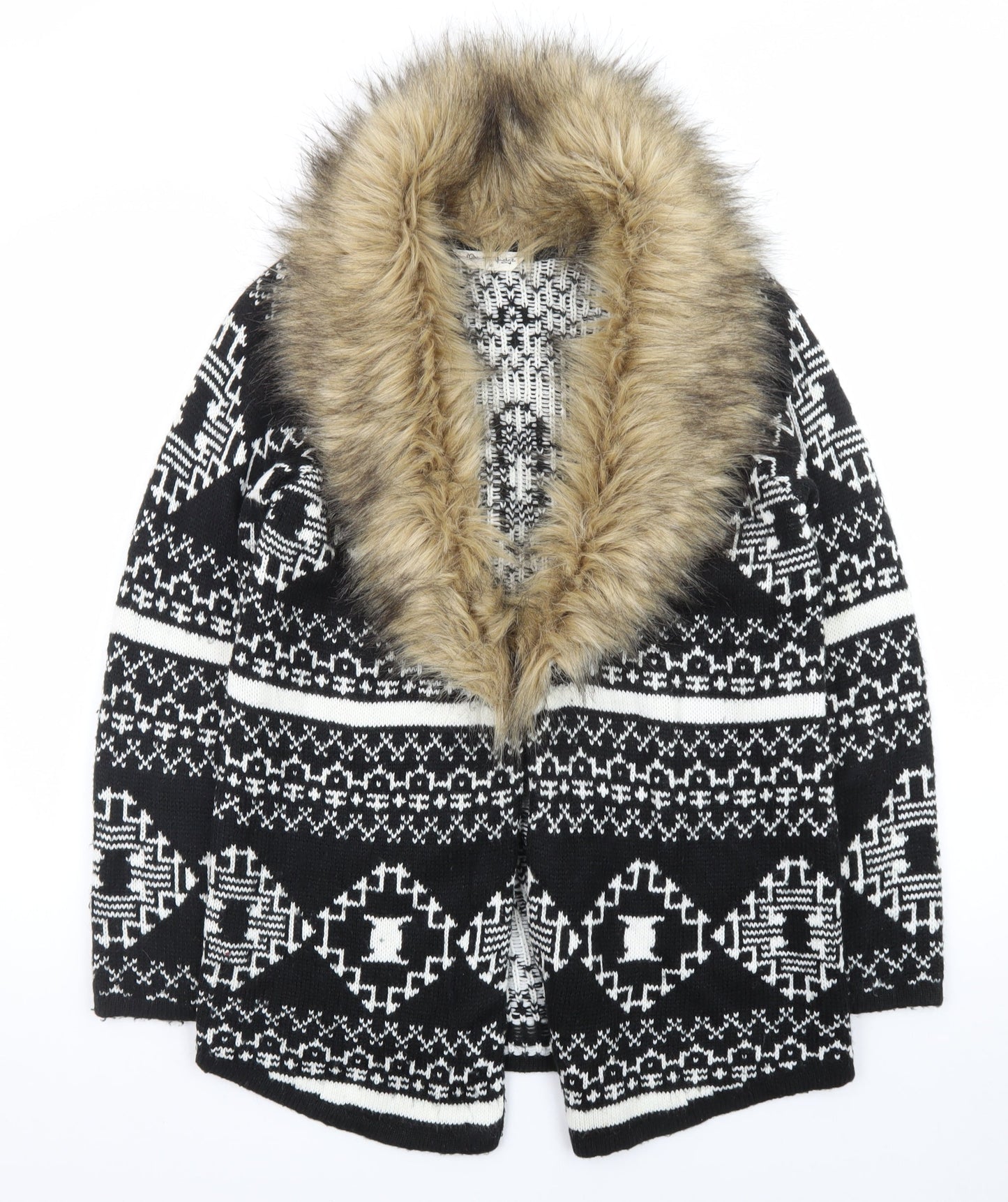 Miss Selfridge Women's Black Aztec Faux Fur Trim Knit Cardigan Size 10