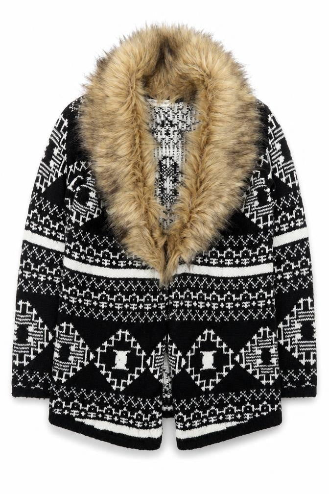 Miss Selfridge Women's Black Aztec Faux Fur Trim Knit Cardigan Size 10