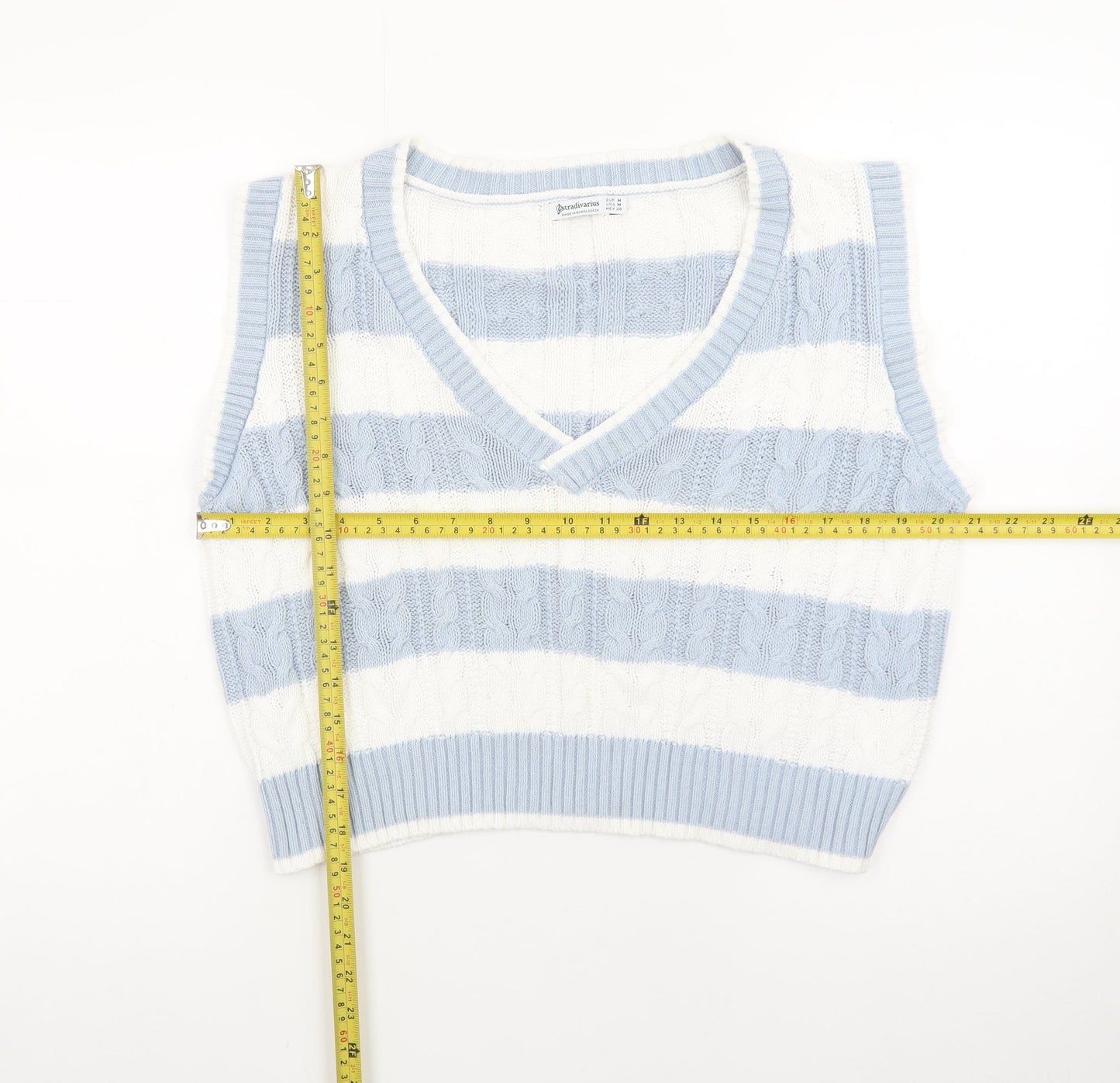 Stradivarius Womens Blue White Striped Cable Knit V-Neck Vest Size 12