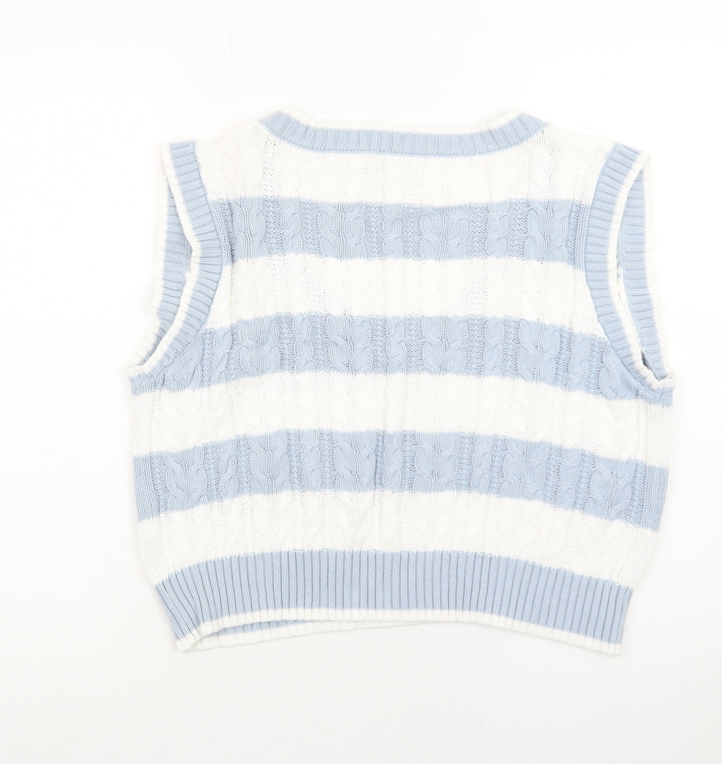 Stradivarius Womens Blue White Striped Cable Knit V-Neck Vest Size 12