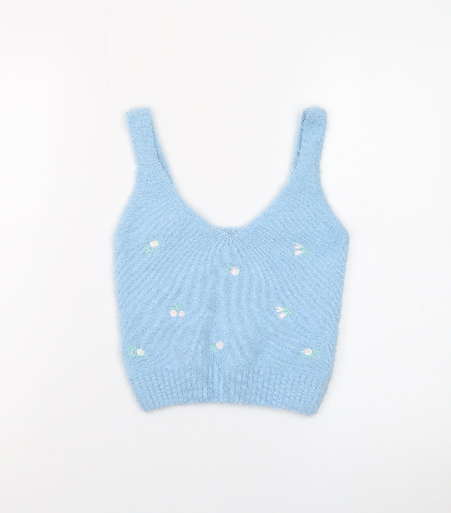 New Look Women Blue Floral Knit V-Neck Vest Jumper Size M