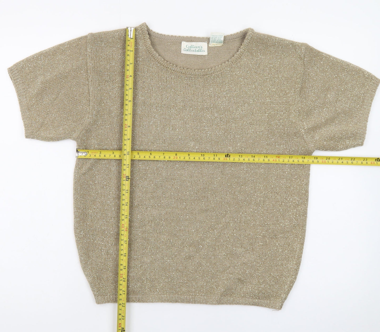Colleen's Collectables Women's Beige Metallic Knit Short Sleeve Jumper Size S
