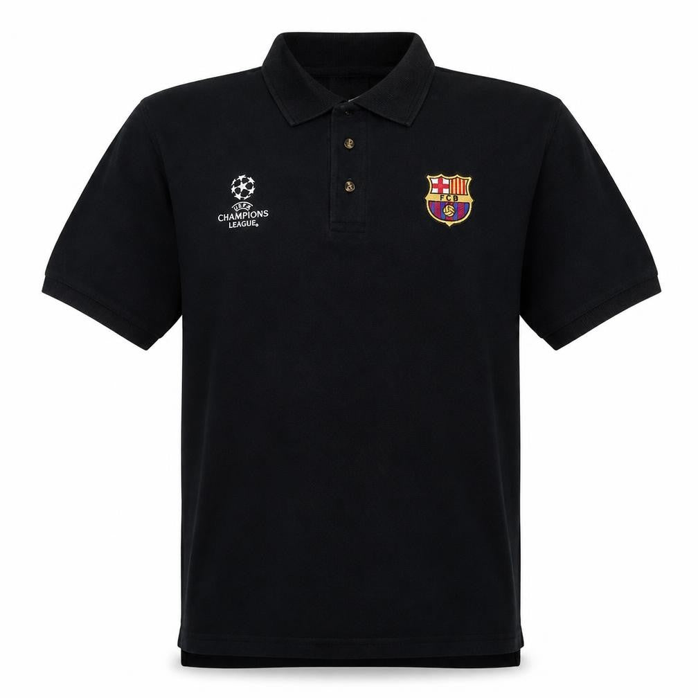 Front view of UEFA Champions League men’s black polo shirt l embroidered fcb badge
