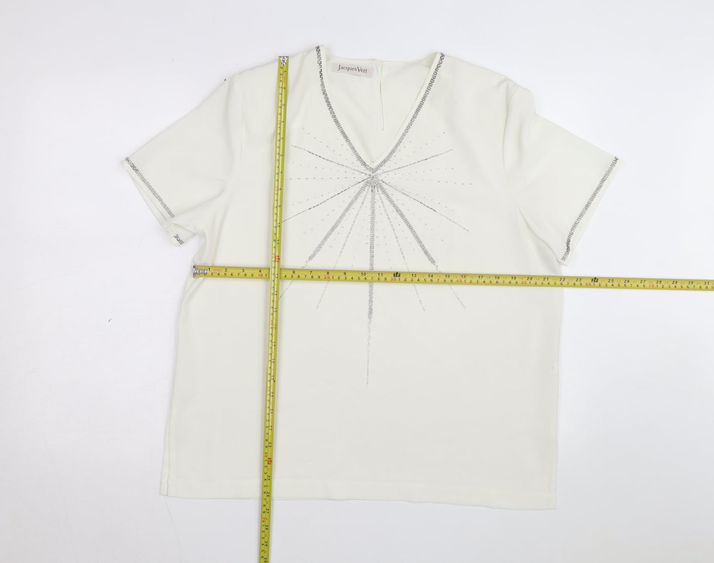 Jacques Vert Women's Ivory Beaded V-Neck Short Sleeve Blouse Size 16