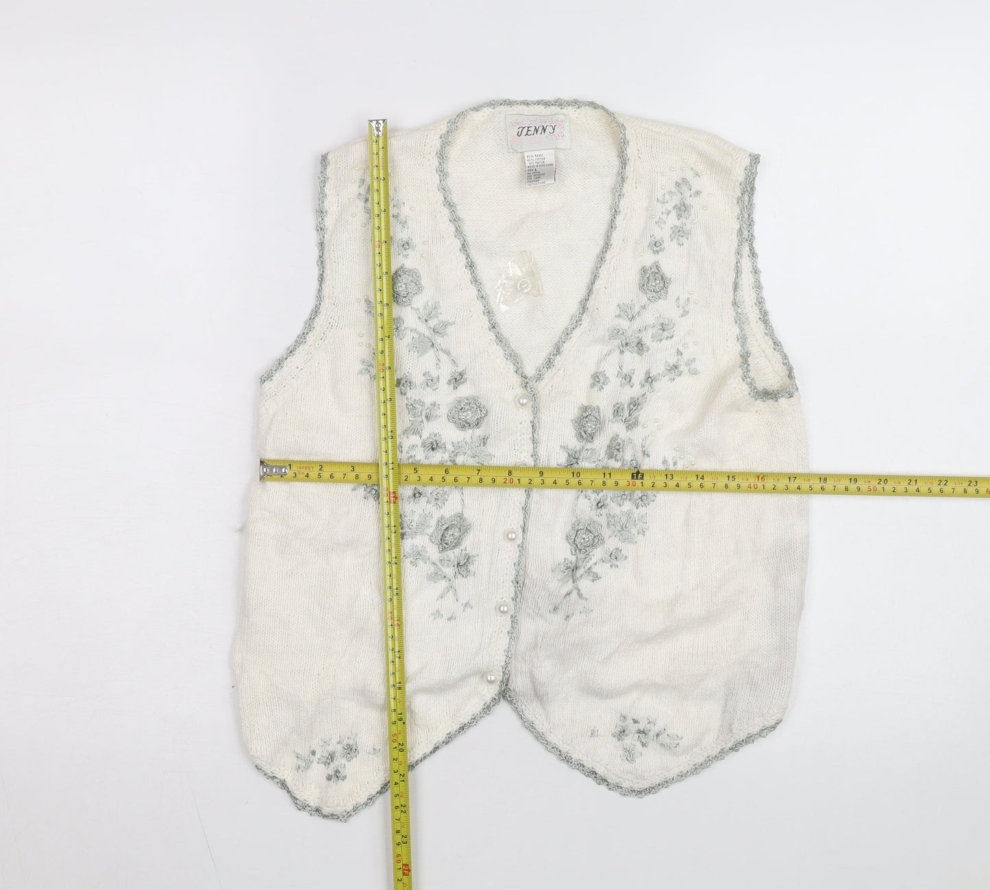 Jenny Womens Ivory Floral Embroidered Knit Vest Size L