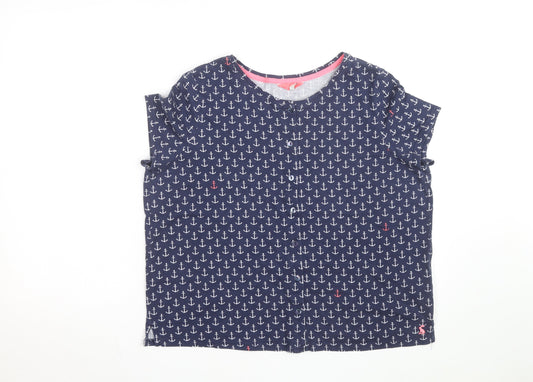 Joules Womens Blue Anchor Print Button-Up Cotton Top UK 16